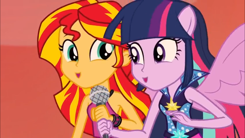 Size: 1366x768 | Tagged: safe, derpibooru import, screencap, sunset shimmer, twilight sparkle, equestria girls, rainbow rocks, 8^y, faic, happy, microphone, ooh, ponied up, smiling, spread wings, wings