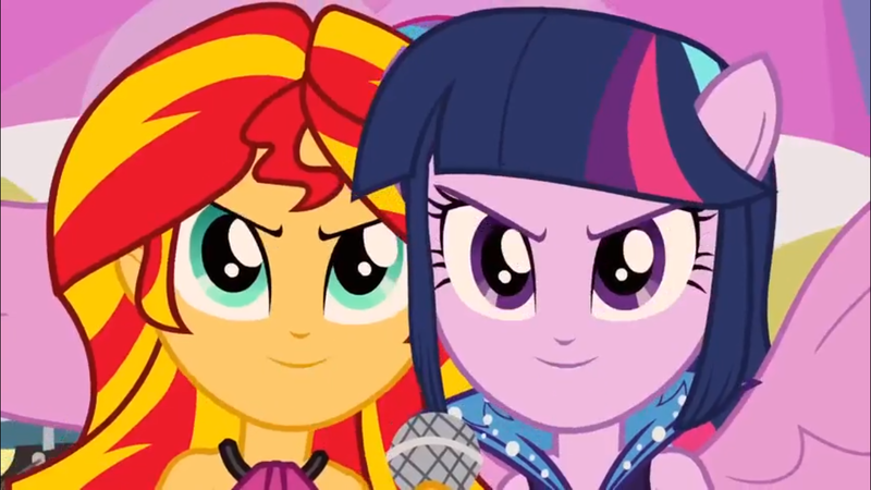 Size: 1366x768 | Tagged: safe, derpibooru import, screencap, sunset shimmer, twilight sparkle, equestria girls, rainbow rocks, >:), happy, microphone, ponied up, rebecca shoichet, smiling, smirk, voice actor joke, welcome to the show