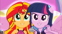 Size: 1366x768 | Tagged: safe, derpibooru import, screencap, sunset shimmer, twilight sparkle, equestria girls, rainbow rocks, >:d, happy, ponied up, smiling, smirk, welcome to the show