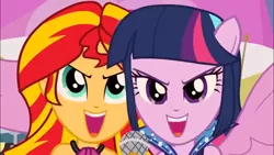 Size: 1366x768 | Tagged: safe, derpibooru import, screencap, sunset shimmer, twilight sparkle, equestria girls, rainbow rocks, >:d, happy, open mouth, smiling, smirk, welcome to the show
