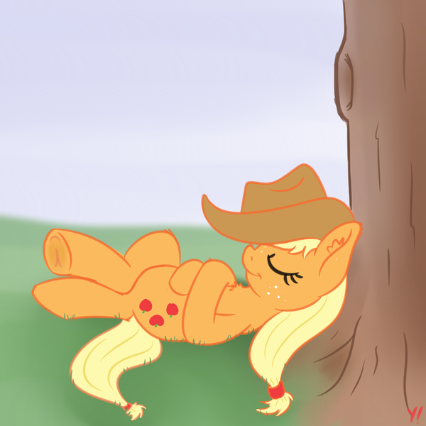 Size: 2000x2000 | Tagged: safe, artist:yakoshi, derpibooru import, applejack, earth pony, pony, applejack's hat, chest fluff, cowboy hat, ear fluff, eyes closed, hat, hat over eyes, nap, on back, profile, sleeping, solo, tree, under the tree