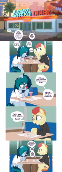 Size: 3036x8348 | Tagged: safe, artist:shinodage, derpibooru import, oc, oc:delta vee, oc:jet stream, unofficial characters only, pegasus, pony, clothes, comic, delta vee's junkyard, dialogue, diner, duo, female, flashback, food, freckles, glasses, implied princess celestia, implied princess luna, looking at each other, looking down, male, mare, messy mane, milkshake, palm tree, restaurant, shirt, sitting, speech bubble, stallion, sweater, teenager, tree, turtleneck, waffle, younger