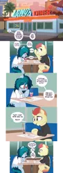 Size: 3036x8348 | Tagged: safe, artist:shinodage, derpibooru import, oc, oc:delta vee, oc:jet stream, unofficial characters only, pegasus, pony, clothes, comic, delta vee's junkyard, dialogue, diner, duo, female, flashback, food, freckles, glasses, implied princess celestia, implied princess luna, looking at each other, looking down, male, mare, messy mane, milkshake, palm tree, restaurant, shirt, sitting, speech bubble, stallion, sweater, teenager, tree, turtleneck, waffle, younger