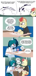 Size: 2944x6210 | Tagged: safe, artist:shinodage, derpibooru import, oc, oc:delta vee, oc:jet stream, unofficial characters only, pegasus, pony, clothes, comic, concorde, delta vee's junkyard, dialogue, diner, duo, female, flashback, food, freckles, glasses, looking at each other, looking up, male, mare, messy mane, milkshake, plane, restaurant, rocket, saturn v, shirt, sitting, speech bubble, stallion, sweater, teenager, turtleneck, waffle, younger