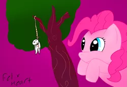 Size: 1569x1080 | Tagged: grimdark, artist:felix heart, derpibooru import, pinkie pie, earth pony, pony, female, hanging, hanging (by neck), laughter song, logan paul, mare, noose, purple background, rope, simple background, smiling, suicide, tree, wtf