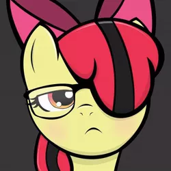 Size: 604x604 | Tagged: source needed, safe, artist:kloudmutt, derpibooru import, edit, apple bloom, earth pony, pony, alternate hairstyle, alternate mane color, alternate mane style, apple bloom's bow, apple gloom, bow, bust, female, filly, frown, glasses, goth, gray background, hair bow, hair over one eye, hipster, looking at you, portrait, simple background, solo