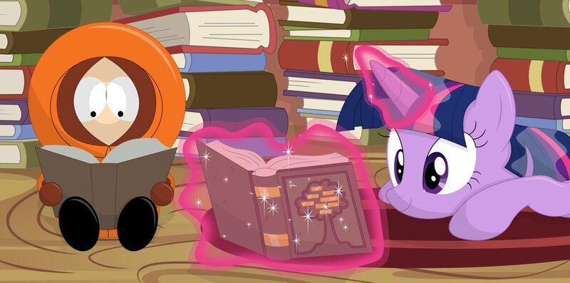 Size: 1268x629 | Tagged: alicorn, artist:porygon2z, book, crossover, derpibooru import, kenny mccormick, reading, safe, south park, twilight sparkle, twilight sparkle (alicorn)