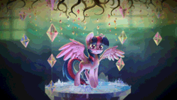 Size: 1920x1080 | Tagged: safe, artist:dawnfire, artist:imiokun, derpibooru import, twilight sparkle, twilight sparkle (alicorn), alicorn, pony, 16:9, abstract background, absurd file size, absurd gif size, animated, blinking, chandelier, colored pupils, cute, cutie map, depth of field, female, gif, golden oaks chandelier, looking at you, mare, solo, spread wings, tree of memories, upscaled, wings