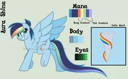 Size: 1643x1019 | Tagged: safe, artist:ipandacakes, derpibooru import, oc, oc:aura shine, unofficial characters only, pegasus, pony, female, mare, offspring, parent:rainbow dash, parent:soarin', parents:soarindash, reference sheet, solo, underhoof