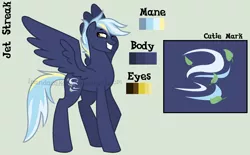 Size: 1758x1092 | Tagged: safe, artist:ipandacakes, derpibooru import, oc, oc:jet streak, unofficial characters only, pegasus, pony, male, offspring, parent:rainbow dash, parent:soarin', parents:soarindash, reference sheet, solo, stallion