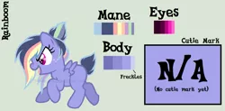 Size: 1342x659 | Tagged: safe, artist:ipandacakes, derpibooru import, oc, oc:rainboom, unofficial characters only, pegasus, pony, female, filly, offspring, parent:rainbow dash, parent:soarin', parents:soarindash, reference sheet, solo