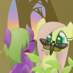 Size: 512x512 | Tagged: safe, artist:awesomeguywhoop, derpibooru import, fluttershy, oc, death's-head hawkmoth, insect, moth, pegasus, pony, duo, female, filly, forest, insect on nose, looking at something, smiling, wide eyes, younger