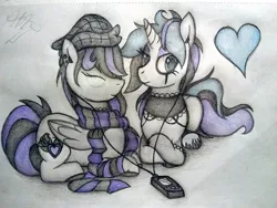 Size: 1632x1224 | Tagged: safe, artist:angelofthewisp, derpibooru import, oc, oc:misty rose, oc:sugar skull (angelofthewisp), unofficial characters only, pegasus, pony, unicorn, choker, clothes, earbuds, female, mare, prone, scarf, traditional art