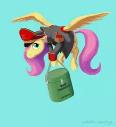 Size: 900x990 | Tagged: safe, artist:adeptus-monitus, derpibooru import, fluttershy, pegasus, pony, >:3, blue background, carrying, clothes, commissar, container, crossover, cyrillic, floppy ears, flying, food, food container, hat, hoof hold, looking at you, looking sideways, military uniform, peaked cap, ration, russian, simple background, solo, spread wings, tea, translated in the description, uniform, warhammer (game), warhammer 40k, wings