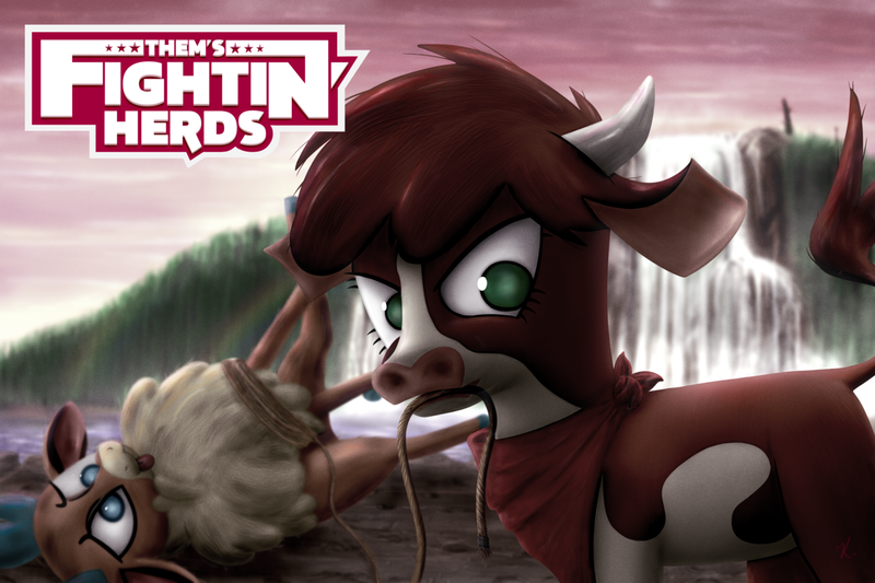 Size: 1280x853 | Tagged: safe, artist:everypone, derpibooru import, arizona cow, velvet reindeer, cow, deer, reindeer, them's fightin' herds, community related, lasso, logo, open mouth, rope, tongue out