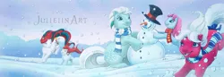 Size: 1280x442 | Tagged: artist:jullelin, baby cuddles, baby stockings, clothes, derpibooru import, ice crystal, merry treat, safe, scarf, snow, snowflake (g1), snowman