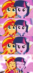 Size: 1360x3040 | Tagged: safe, derpibooru import, screencap, sunset shimmer, twilight sparkle, equestria girls, rainbow rocks, :d, >:), >:d, armpits, cute, evil grin, eyes closed, glow, grin, happiness, happy, ponied up, raised arm, shimmerbetes, smiling, smirk, spread wings, twiabetes, welcome to the show, wings