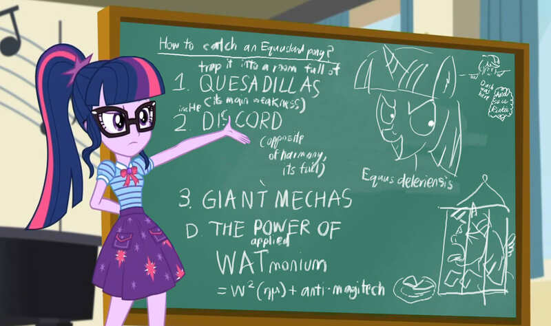 Size: 1460x865 | Tagged: safe, derpibooru import, edit, edited screencap, screencap, sci-twi, twilight sparkle, pony, equestria girls, equestria girls series, overpowered (equestria girls), :3, >:3, applied phlebotinium, chalkboard, disgusted, exploitable meme, food, geode of telekinesis, graffiti, human ponidox, implied discord, implied pinkie pie, implied principal celestia, implied rainbow dash, kilroy was here, latin, magical geodes, meme, plan, quesadilla, scientific name, self ponidox, they're just so cheesy, twilight sparkle's chalkboard, wat