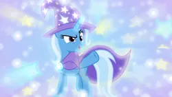 Size: 1600x900 | Tagged: artist:cloudyglow, artist:sailortrekkie92, cape, clothes, derpibooru import, edit, hat, raised eyebrow, raised hoof, safe, solo, stars, trixie, trixie's cape, trixie's hat, vector, wallpaper, wallpaper edit