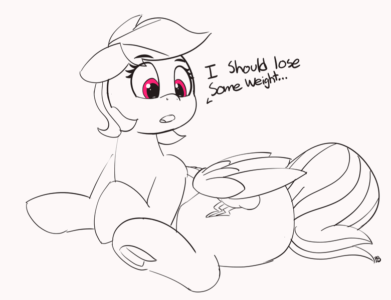 Size: 4771x3668 | Tagged: safe, artist:pabbley, derpibooru import, rainbow dash, pegasus, pony, 30 minute art challenge, butt, female, frog (hoof), hoofbutt, implied weight gain, lineart, monochrome, need to go on a diet, need to lose weight, partial color, plot, rainbutt dash, solo, speech, talking, thick, underhoof, weight gain