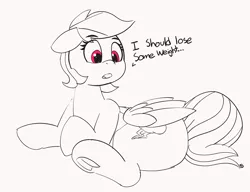 Size: 4771x3668 | Tagged: safe, artist:pabbley, derpibooru import, rainbow dash, pegasus, pony, 30 minute art challenge, butt, female, frog (hoof), hoofbutt, implied weight gain, lineart, monochrome, need to go on a diet, need to lose weight, partial color, plot, rainbutt dash, solo, speech, talking, thick, underhoof, weight gain