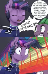 Size: 2640x4080 | Tagged: safe, artist:silfoe, derpibooru import, rainbow dash, spike, twilight sparkle, dragon, pegasus, pony, unicorn, moonsetmlp, :<, alternate hairstyle, alternate timeline, alternate universe, clothes, comic, dialogue, eyes closed, fangs, female, frown, gritted teeth, implied rainbow dash, male, mare, nightmare takeover timeline, onomatopoeia, open mouth, rainbow, rainbow trail, speech bubble, surprised, unicorn twilight, uniform, whoosh, wide eyes, windswept mane, yelling