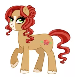 Size: 885x912 | Tagged: safe, artist:cascayd, derpibooru import, oc, oc:scarlett rose, unofficial characters only, earth pony, pony, blaze (coat marking), crack ship offspring, female, mare, next generation, offspring, parent:cherry jubilee, parent:troubleshoes clyde, parents:cherryshoes, raised hoof, simple background, solo, white background