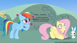 Size: 1107x623 | Tagged: suggestive, artist:khaotixdreamfd, derpibooru import, angel bunny, fluttershy, rainbow dash, pegasus, pony, :<, blushing, dialogue, female, flutterdash, heart, lesbian, mare, raised hoof, shipping, smiling, spanish, standing