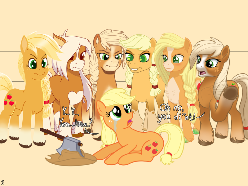 Size: 1280x960 | Tagged: safe, artist:mkogwheel, derpibooru import, applejack, earth pony, pony, leak, spoiler:g5, 12/16/17, applejack (g5), applejack's hat's death, axe, braid, bucktooth, chest fluff, crying, drama, floppy ears, frown, g5, g5 applejack drama, g5 drama, glare, gritted teeth, multeity, open mouth, prone, self ponidox, simple background, style emulation, underhoof, unshorn fetlocks, waving, weapon, yeehaw, yellow background