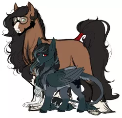 Size: 1248x1202 | Tagged: safe, artist:theecchiqueen, deleted from derpibooru, derpibooru import, oc, oc:pandie, oc:walter nutt, unofficial characters only, earth pony, pegasus, pony, beard, blaze (coat marking), couple, death by coffee, facial hair, fangs, female, glasses, leonine tail, male, mare, oc x oc, shipping, simple background, size difference, stallion, straight, tail wrap