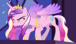 Size: 409x238 | Tagged: safe, derpibooru import, screencap, princess cadance, alicorn, pony, princess spike (episode), behaving like a dog, cropped, eyes closed, female, mare, solo, wet, wet mane, wet-dog shake