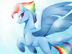 Size: 1600x1200 | Tagged: safe, artist:angexci, derpibooru import, rainbow dash, pony, leak, spoiler:g5, flying, g5, looking at you, looking back, looking back at you, rainbow dash (g5), smiling, solo, spread wings, tail feathers, wings