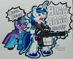 Size: 2855x2306 | Tagged: safe, artist:boyoxhot, derpibooru import, shining armor, twilight sparkle, twilight sparkle (alicorn), alicorn, pony, crossover, duo, heavy, medic, minigun, team fortress 2, twi medic, ubercharge