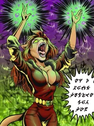 Size: 397x532 | Tagged: absolute cleavage, anthro, anti-gravity boobs, arms in the air, artist:pencils, belt, big breasts, breasts, busty catrina, catrina, cleavage, clothes, colored, comic, comic:anon's pie adventure, cropped, derpibooru import, dress, fangs, female, g1, g1 to g4, generation leap, glowing eyes, grimdark source, magic, no pupils, open mouth, runes, screaming, solo, solo female, speech bubble, suggestive, symbol, yelling