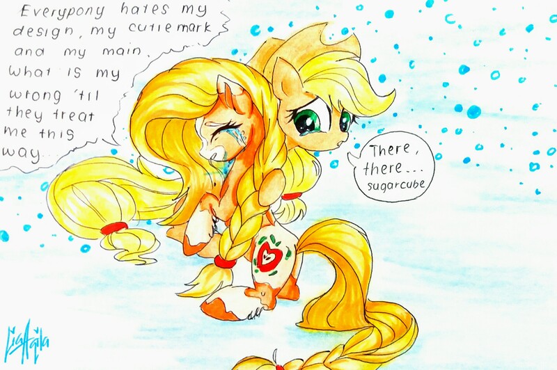 Size: 2864x1904 | Tagged: safe, artist:liaaqila, derpibooru import, applejack, earth pony, pony, leak, spoiler:g5, 12/16/17, applejack (g5), blaze (coat marking), comforting, cowboy hat, crying, dialogue, female, g5, g5 applejack drama, g5 drama, generation leap, hat, hug, mare, misspelling, mouthpiece, sad, self ponidox, signature, socks (coat marking), stetson, traditional art