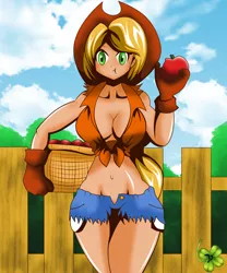 Size: 2020x2423 | Tagged: alternate version, apple, applejack, applejack's hat, artist:lucky-jj, basket, breasts, busty applejack, cleavage, cowboy hat, derpibooru import, eating, female, fence, food, freckles, fruit, hat, human, humanized, looking at you, open fly, solo, solo female, stetson, suggestive, :t