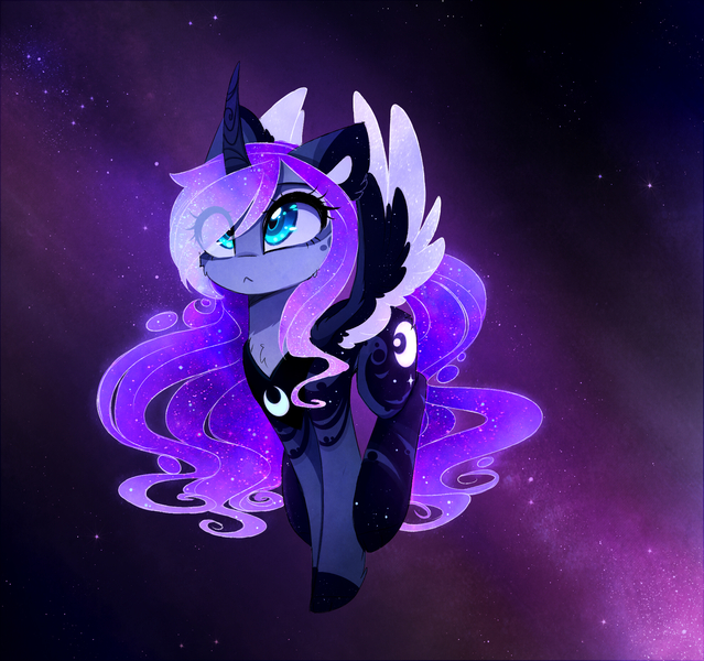 Size: 1972x1853 | Tagged: safe, artist:magnaluna, derpibooru import, princess luna, alicorn, pony, :<, alternate universe, cheek fluff, chest fluff, coat markings, colored ears, colored wings, curved horn, cute, ear fluff, ethereal mane, female, flying, galaxy, galaxy mane, horn, image, jpeg, leg fluff, lunabetes, mare, multicolored wings, solo, starry backdrop, starry mane, stars, sweet dreams fuel, swirly markings, wing fluff, wings