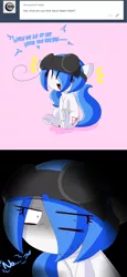 Size: 3500x7625 | Tagged: safe, artist:fullmetalpikmin, derpibooru import, oc, oc:mal, unofficial characters only, earth pony, pony, tumblr:ask viewing pleasure, 2 panel comic, ask, comic, female, frog (hoof), goggles, hair over one eye, laughing, looking at you, mare, no, tumblr, underhoof