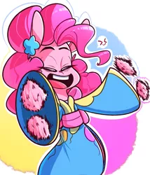 Size: 1629x1901 | Tagged: safe, artist:sourspot, derpibooru import, pinkie pie, earth pony, pony, semi-anthro, clothes, excited, eyes closed, happy new year, holiday, kimono (clothing), shaking, solo