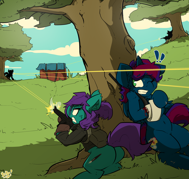 Size: 2000x1892 | Tagged: semi-grimdark, artist:bbsartboutique, derpibooru import, oc, unofficial characters only, earth pony, semi-anthro, unicorn, blood, commission, fight, gun, injured, playerunknown's battlegrounds, tree, weapon