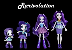 Size: 1175x819 | Tagged: safe, derpibooru import, edit, rarity, equestria girls, are equestrian girls human?, black background, clothes, doll, equestria girls minis, equestria girls prototype, eqventures of the minis, evolution, irl, photo, simple background, skirt, toy