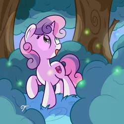 Size: 2560x2560 | Tagged: safe, artist:vaetan, derpibooru import, sweetie belle, firefly (insect), insect, pony, unicorn, cutie mark, female, filly, forest, looking up, night, open mouth, shrub, solo, standing, the cmc's cutie marks, tree