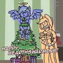 Size: 800x800 | Tagged: safe, artist:rawrienstein, derpibooru import, applejack, rainbow dash, human, ask nerd dash, appledash, christmas, christmas tree, female, hearth's warming eve, holiday, humanized, lesbian, shipping, tree, unamused, winged humanization, wings