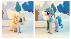 Size: 1200x658 | Tagged: safe, artist:krowzivitch, derpibooru import, oc, oc:freya, oc:rimfrost, unofficial characters only, earth pony, pony, chest fluff, clothes, craft, female, figurine, filly, freya (norse), male, scarf, sculpture, snow, stallion, starry eyes, wingding eyes, winter