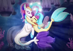 Size: 1600x1131 | Tagged: artist:jotakaanimation, cute, derpibooru import, duo, female, hug, mother and child, mother and daughter, my little pony: the movie, princess skystar, queen novo, safe, seapony (g4), skyabetes, smiling, underwater