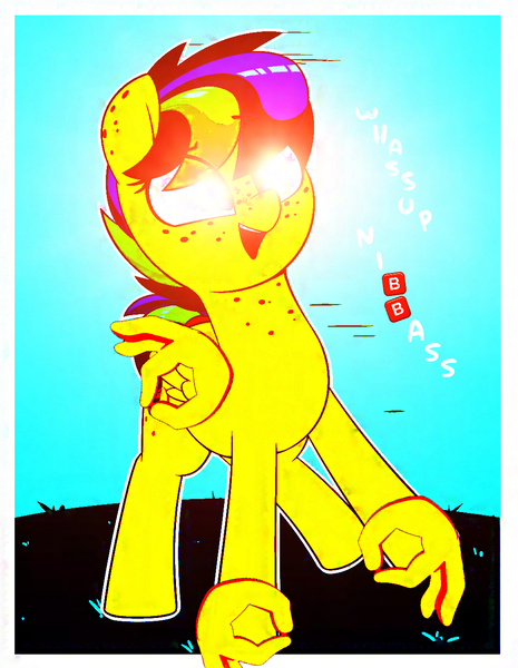 Size: 1024x1320 | Tagged: safe, artist:shinodage, derpibooru import, edit, oc, oc:apogee, unofficial characters only, pegasus, pony, cute, dank memes, deep fried, deep fried meme, dialogue, emoji, exploitable meme, female, filly, glowing eyes, glowing eyes meme, mare, meme, needs more jpeg, nibba, nigga, ok hand sign, open mouth, raised hoof, raised leg, smiling, solo, triggered, vulgar, 🅱, 👌