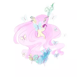 Size: 5000x5000 | Tagged: safe, artist:pinkablue, derpibooru import, fluttershy, butterfly, pony, leak, spoiler:g5, absurd resolution, blushing, bust, female, fluttershy (g5), g5, long mane, looking at you, mare, portrait, simple background, smiling, solo, unicorn fluttershy, white background