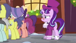 Size: 1920x1080 | Tagged: safe, derpibooru import, screencap, bonnie rose, comet tail, evening stroll, paraviolet, snowfall frost, starlight glimmer, unnamed character, unnamed pony, pony, a hearth's warming tail, background pony, butt, context is for the weak, hat, plot, spectacles, top hat