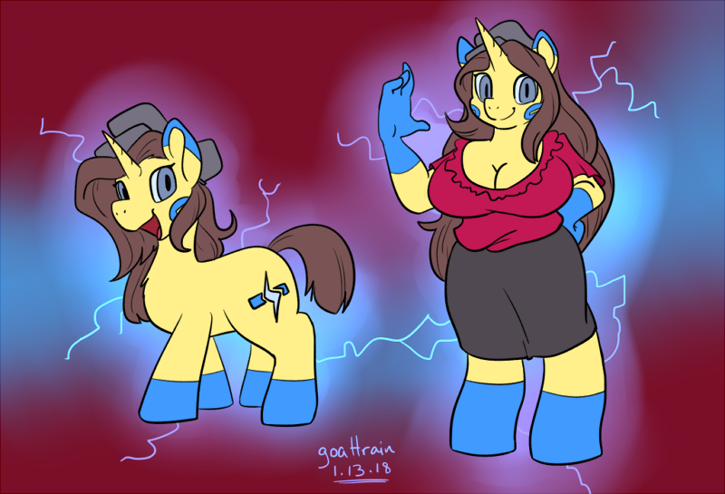 Size: 800x545 | Tagged: safe, artist:goat train, deleted from derpibooru, derpibooru import, oc, unofficial characters only, anthro, minun, pony, anthro with ponies, big breasts, breasts, cleavage, commission, pokémon, reference sheet