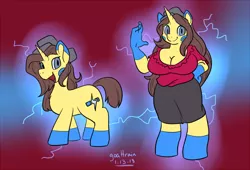 Size: 800x545 | Tagged: safe, artist:goat train, deleted from derpibooru, derpibooru import, oc, unofficial characters only, anthro, minun, pony, anthro with ponies, big breasts, breasts, cleavage, commission, pokémon, reference sheet
